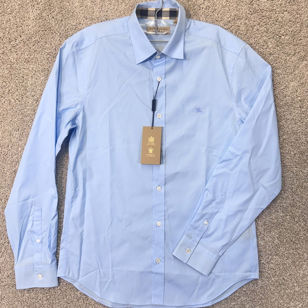 Burberry Button Up Shirt Mens M Cambridge Pale Blue Embroidered Logo NEW